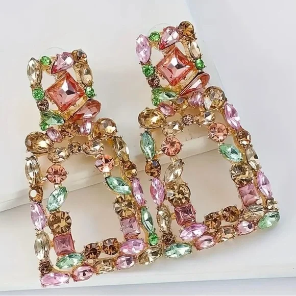 Multi Color Rhinestone Earrings - Picture 3 of 5